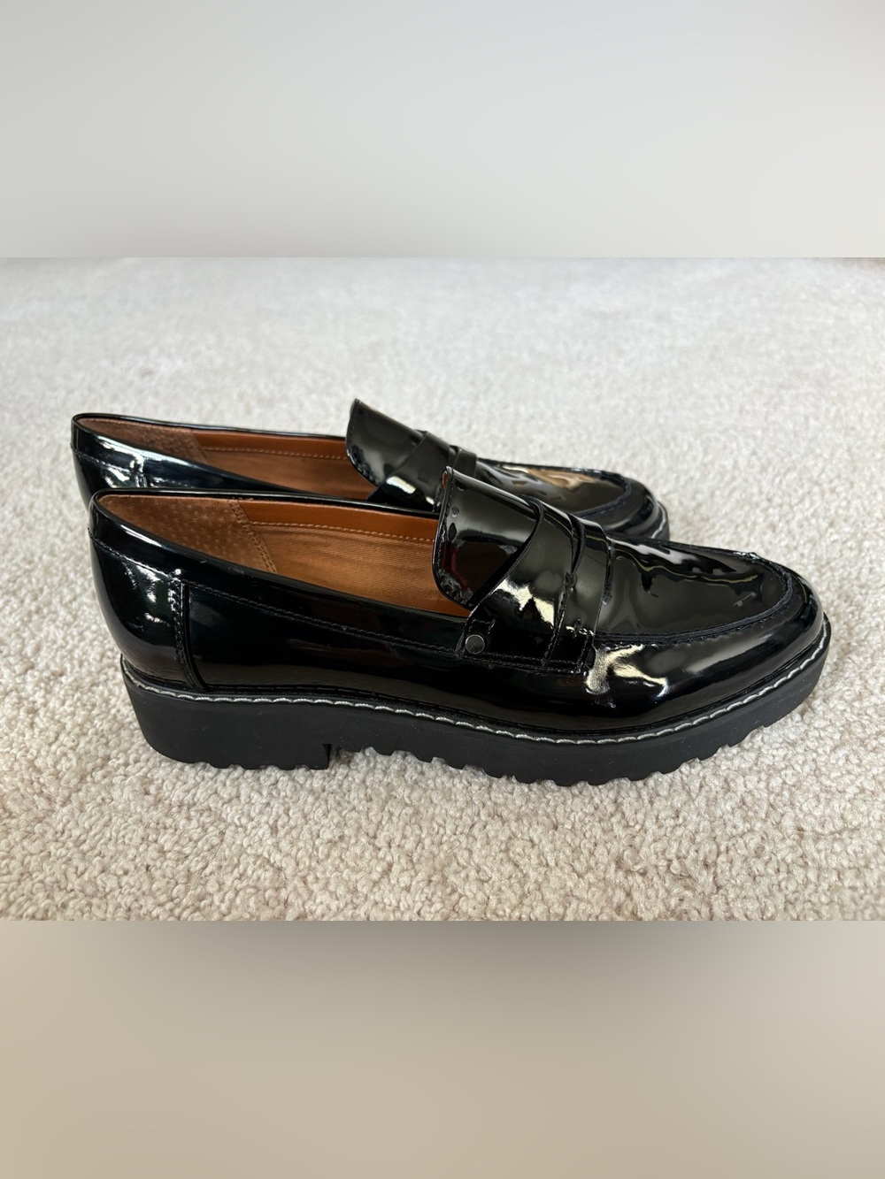 Franco Sarto Black Patent Penny Loafers Chunky Heel Size 7